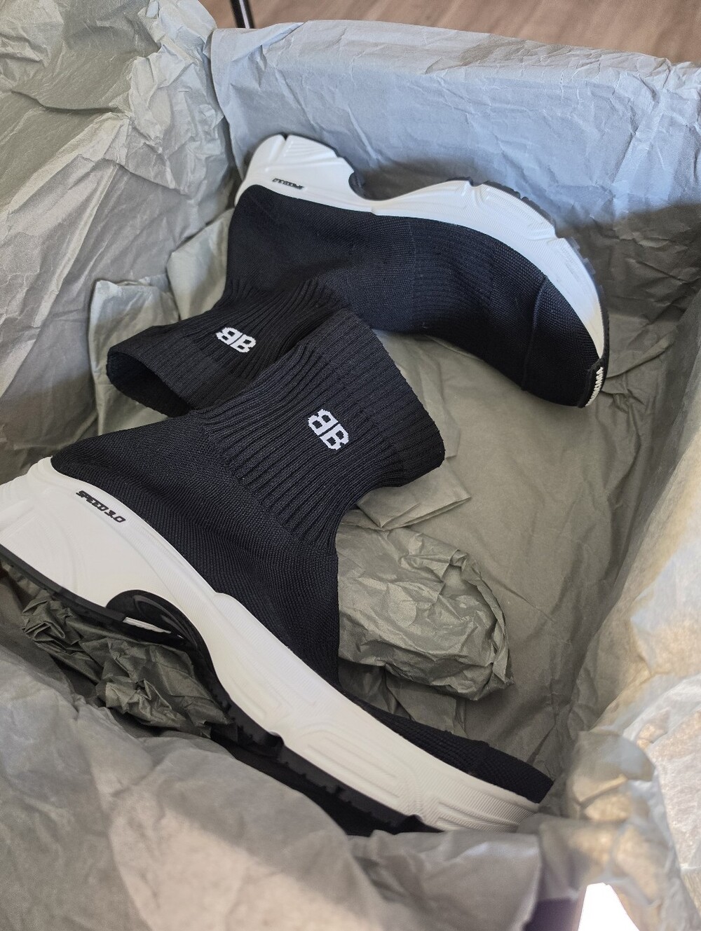Balenciaga Black Knit Sock Sneakers with White Sole